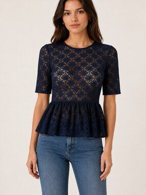 Sandro Navy Floral Lace Peplum Top Short Sleeve Blouse 0776